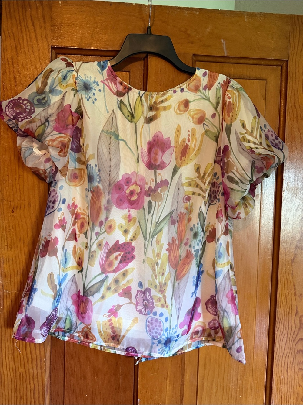 Umgee White Floral Watercolor Ruffle Sleeve Blouse